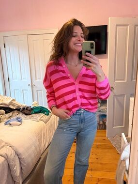 Joy Lab Pink Red Striped Cardigan XS Preppy Barbiecore Lightweight Sweater